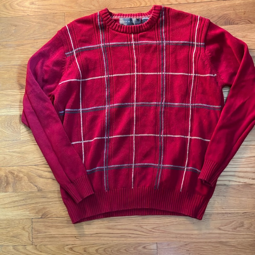 Oscar De La Renta Maroon‎ Windowpane Sweater Men's Large Vintage Pullover